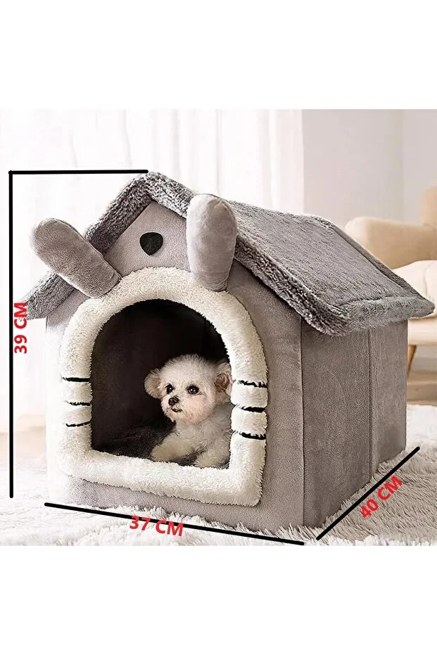 Klasik Model Kedi Evi Yumuşak Kedi Yatağı Derin Uyku Ve Kış Evi Çıkarılabilir Minder GRİ S BEDEN